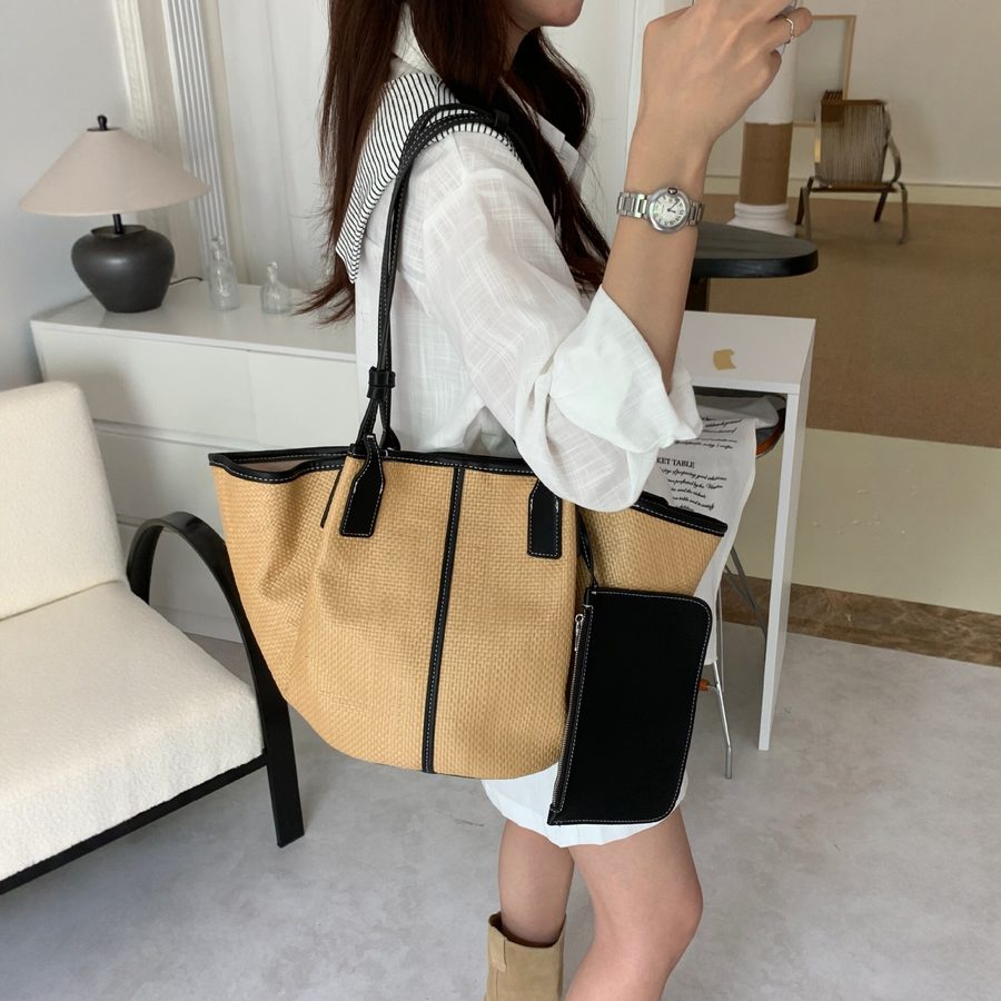 Woven Straw Shoulder Tote Bag