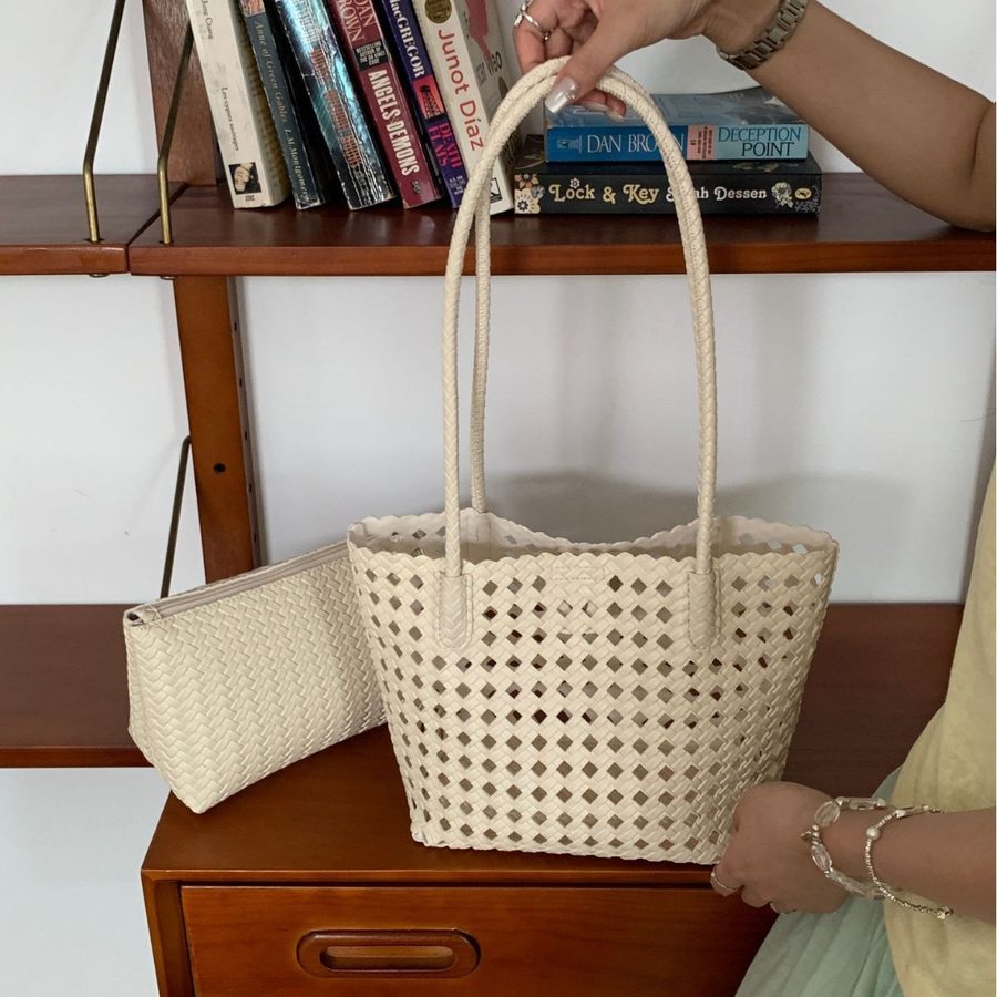 Hollow-Out Woven Tote Shoulder Bag