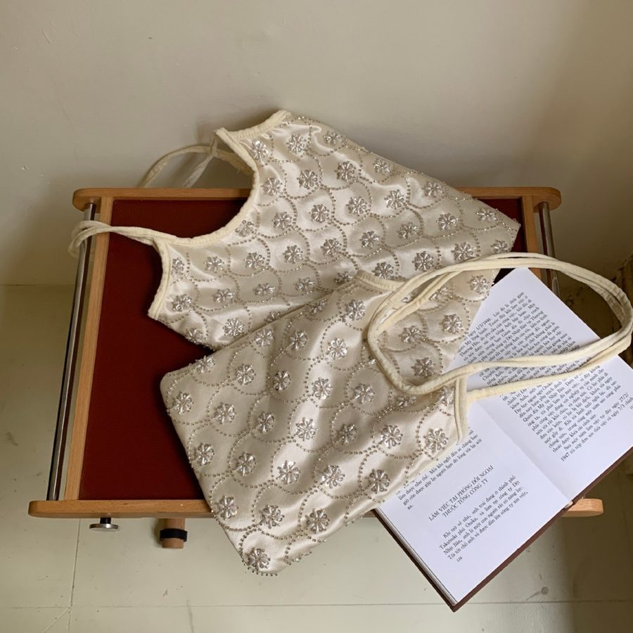 Floral Embroidered Beaded Top-Handle Bag
