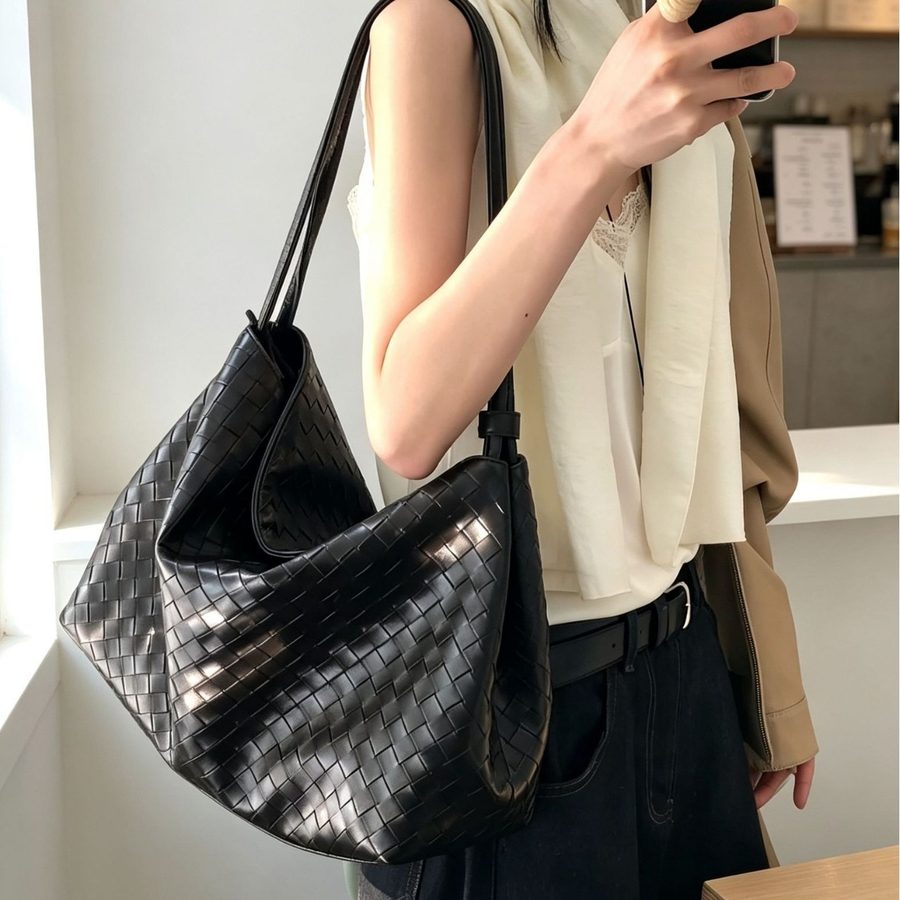 Black Woven Tote Bag Top-Handle Large
