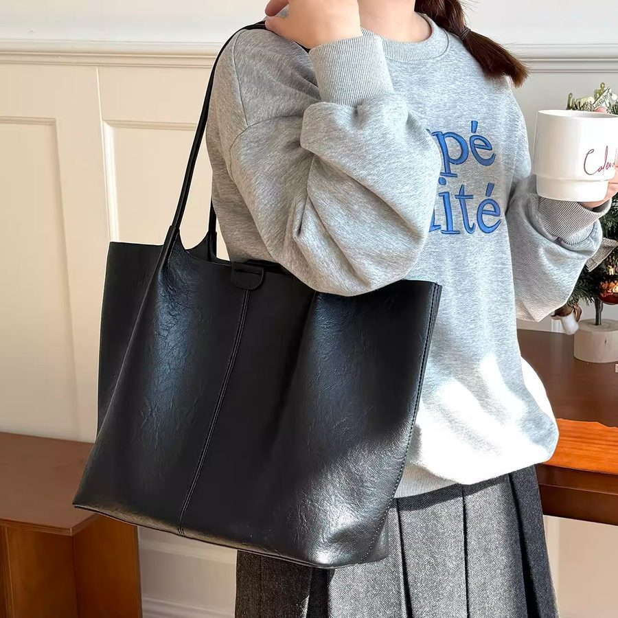 Soft Leather Tote Bag Minimalist Top-Handle Large