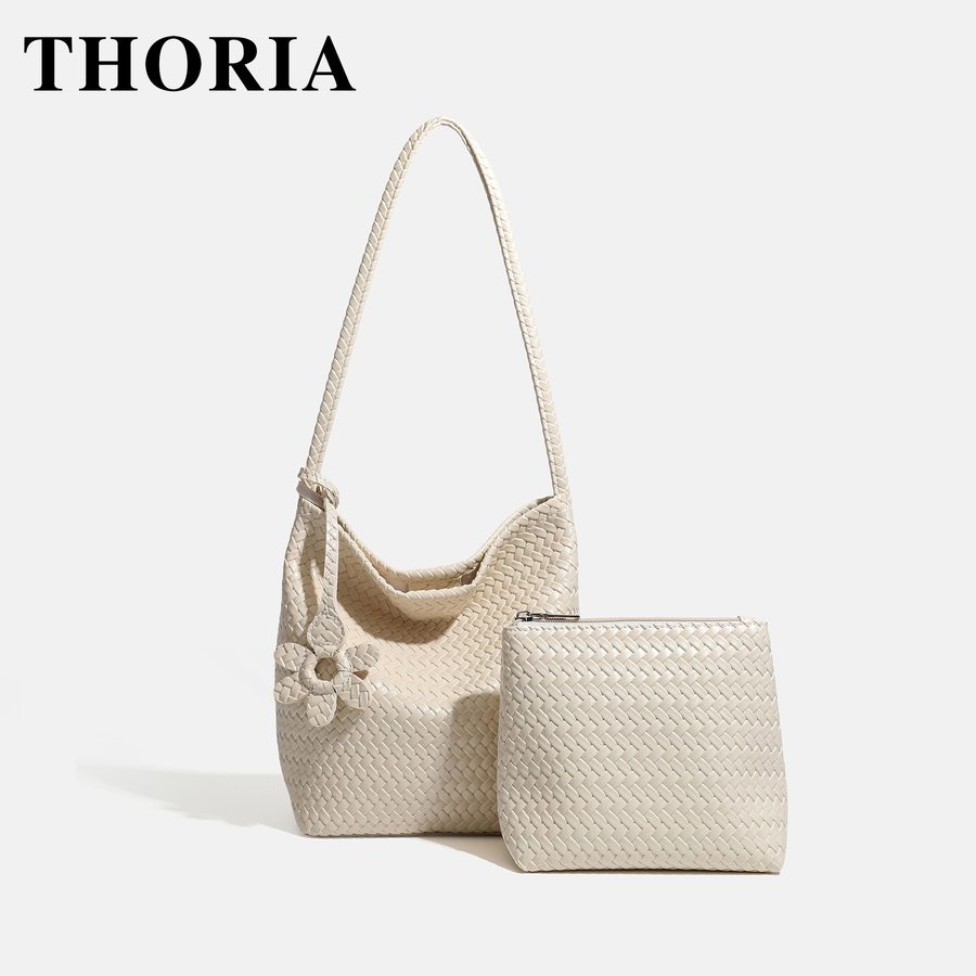 Woven Flower Charm Top-Handle Shoulder Tote Bag