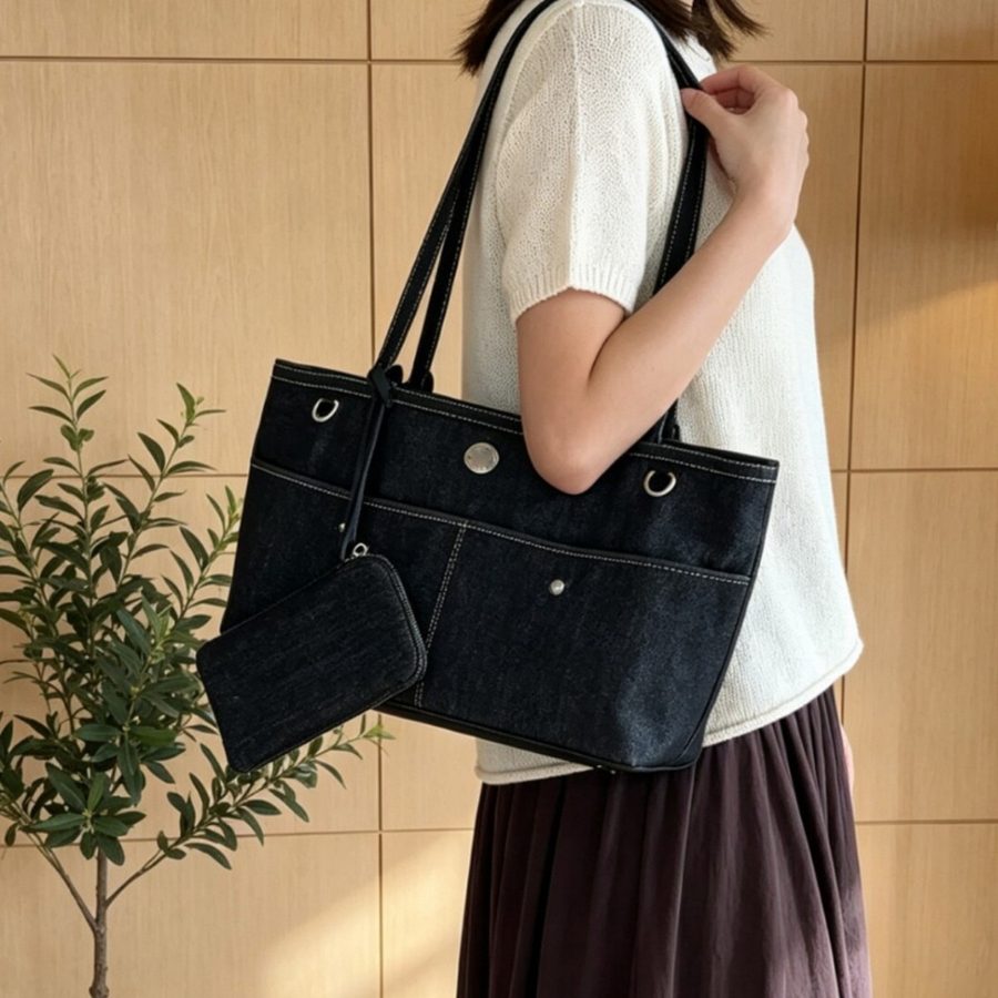 Denim Tote Bag Large Capacity Shoulder Commuter view 3