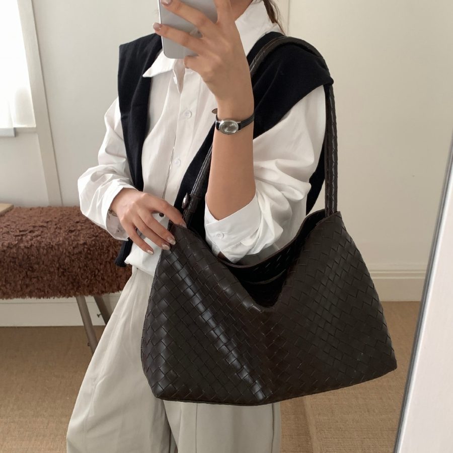 Handwoven Black Large Tote Shoulder Bag view 3