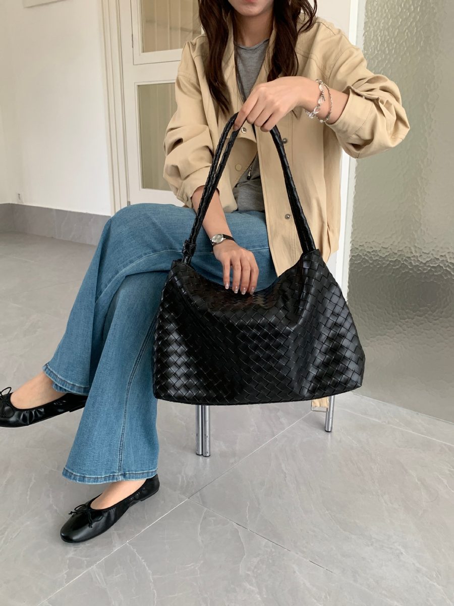 Handwoven Black Large Tote Shoulder Bag view 6