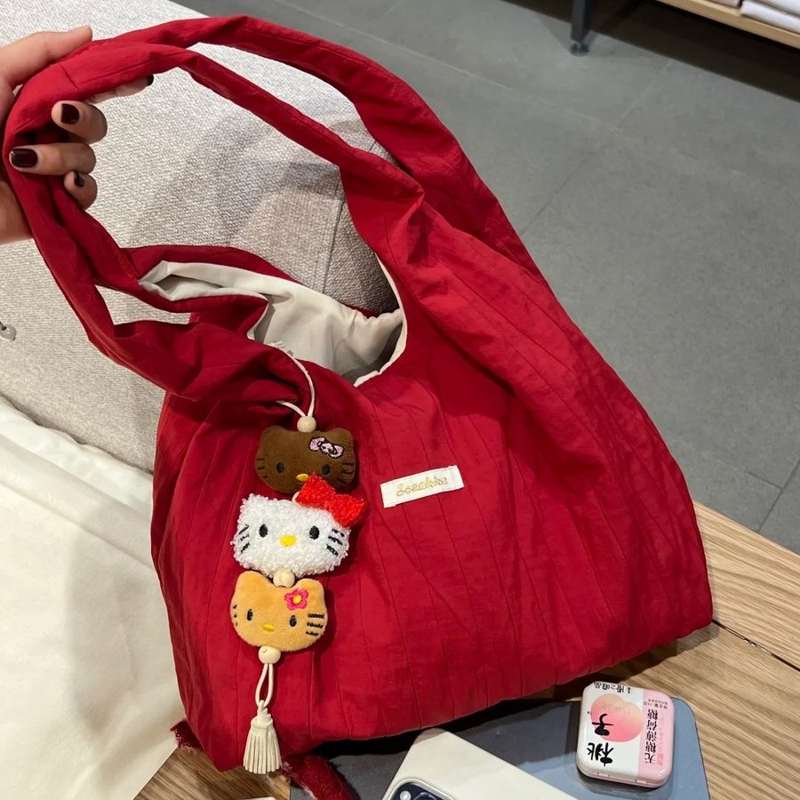 Red Pleated Canvas Shoulder Bag