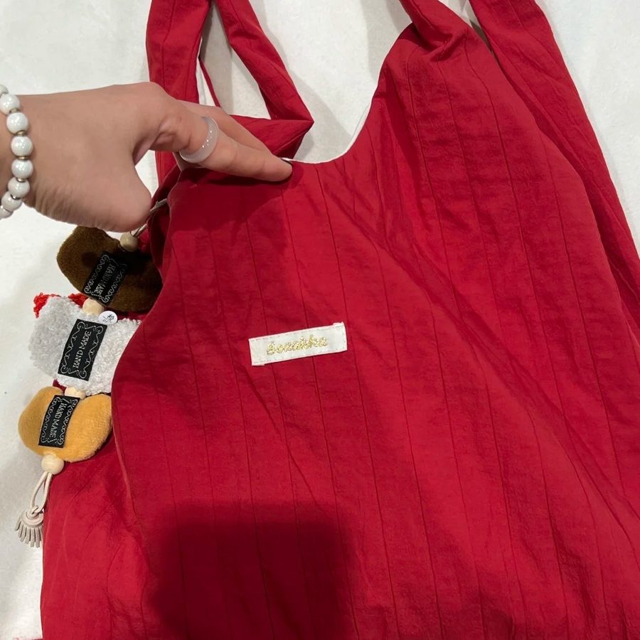 Red Pleated Canvas Shoulder Bag view 3