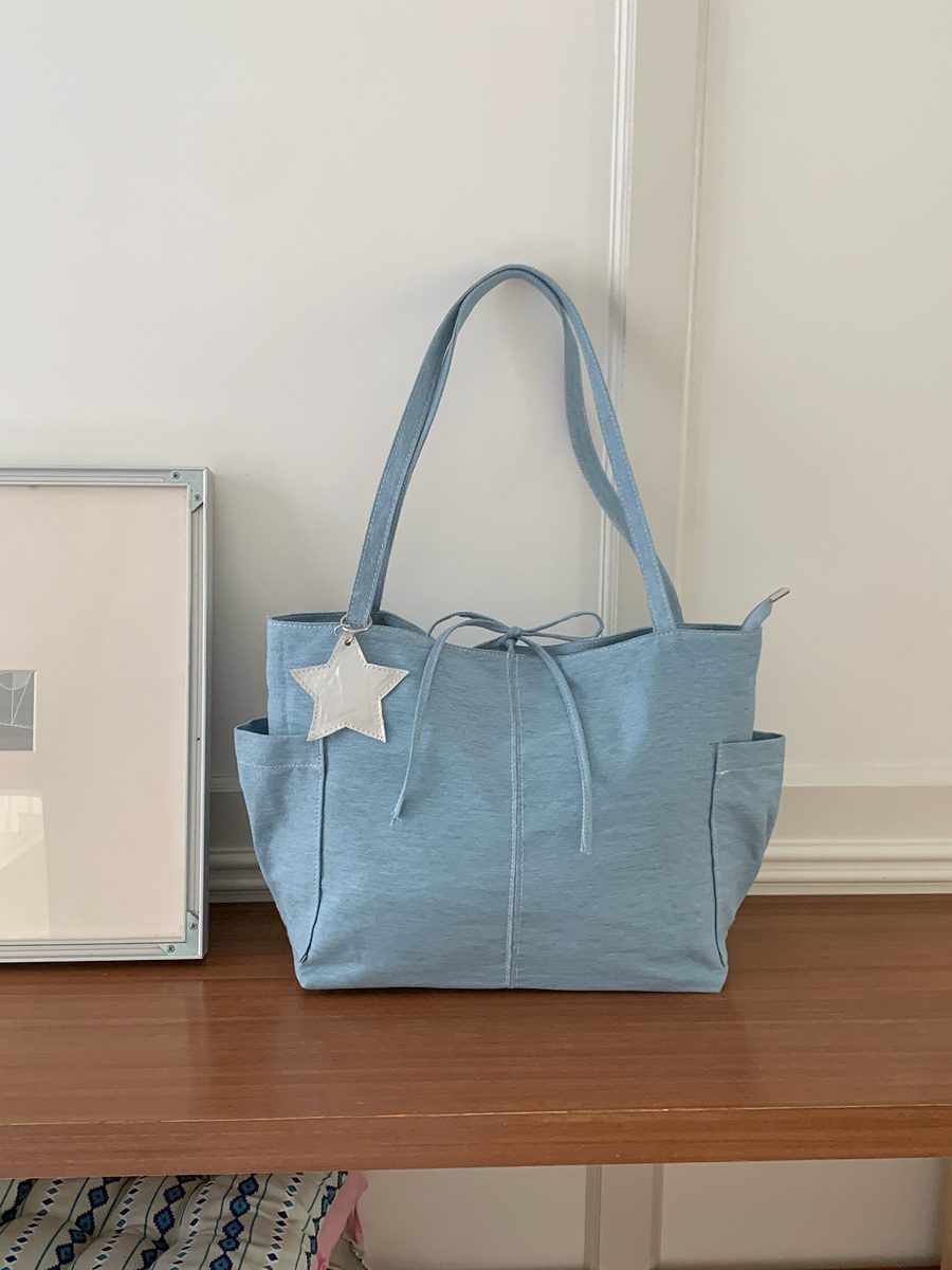 Bolsa Tote de Canvas Jeans com Estrela Grande Capacidade view 6
