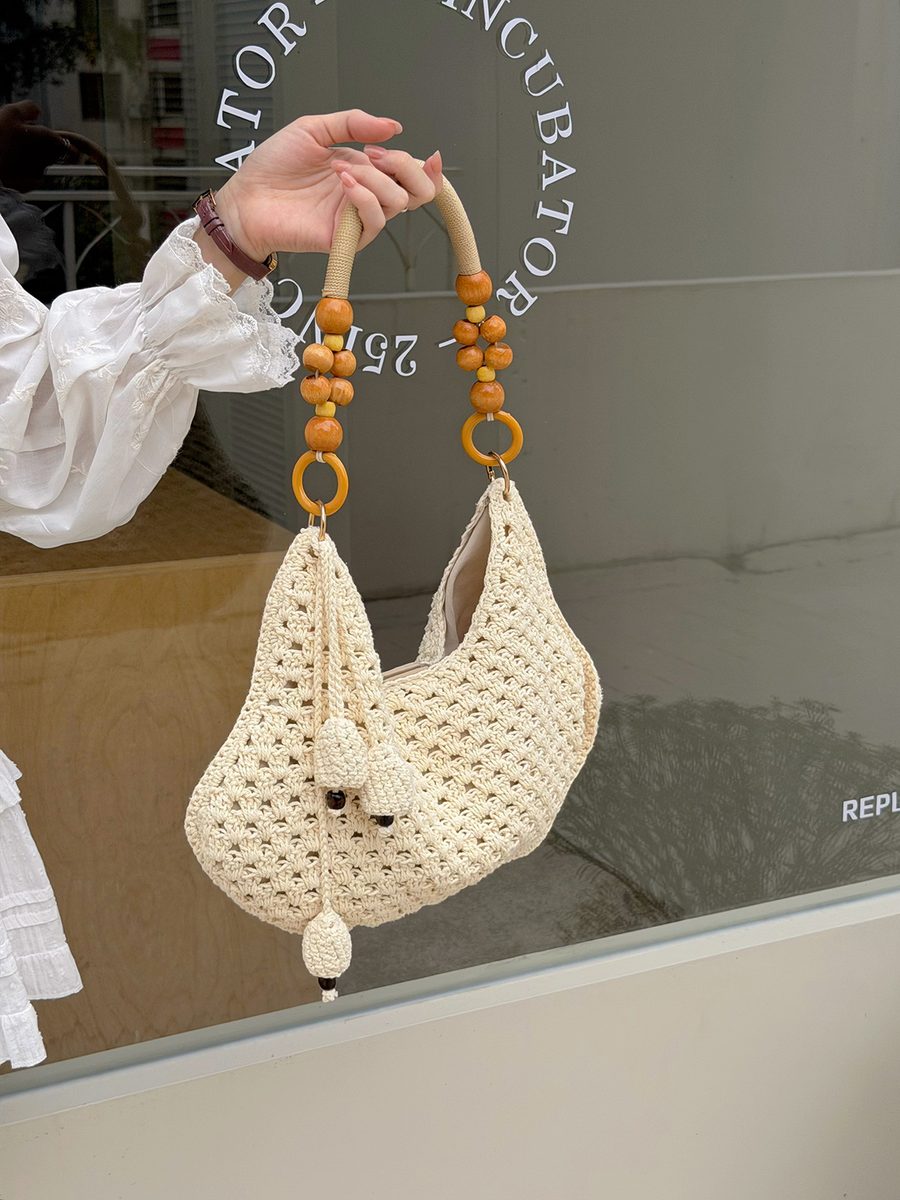 Tas Tote Rajut Manik Buatan Tangan Berlubang view 3