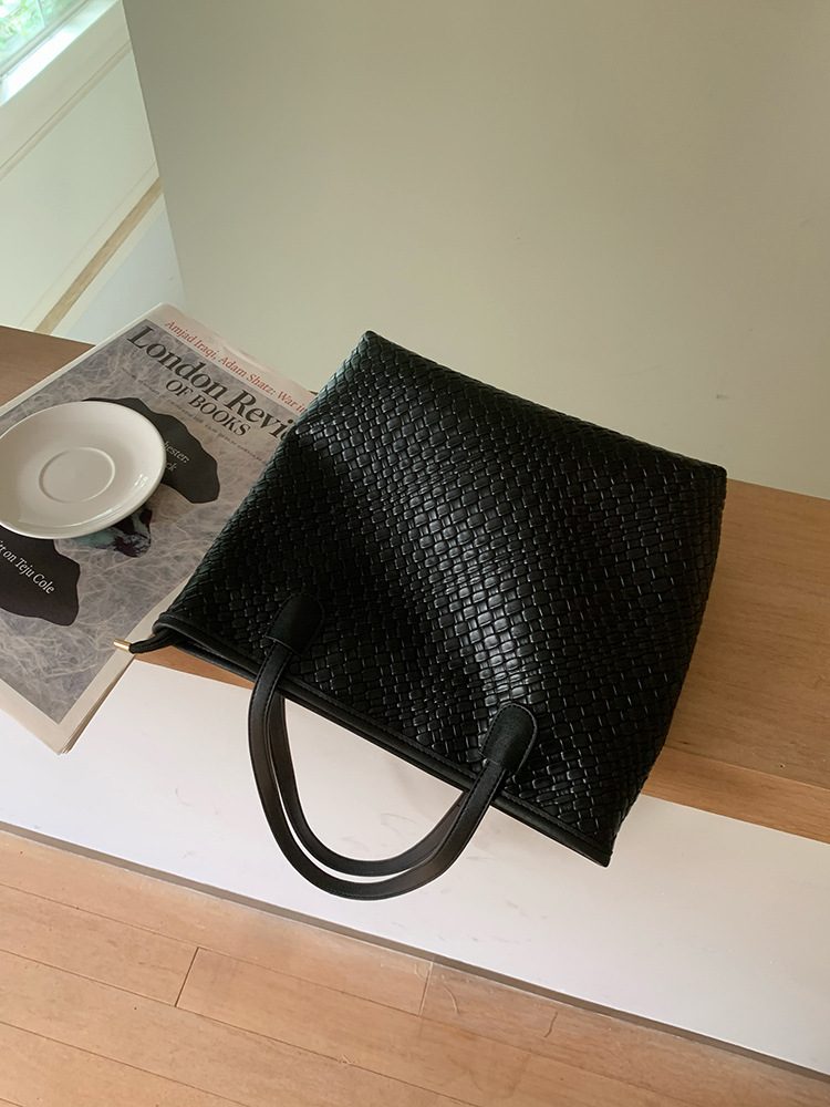 Women's Black Woven Large Tote Bag view 5