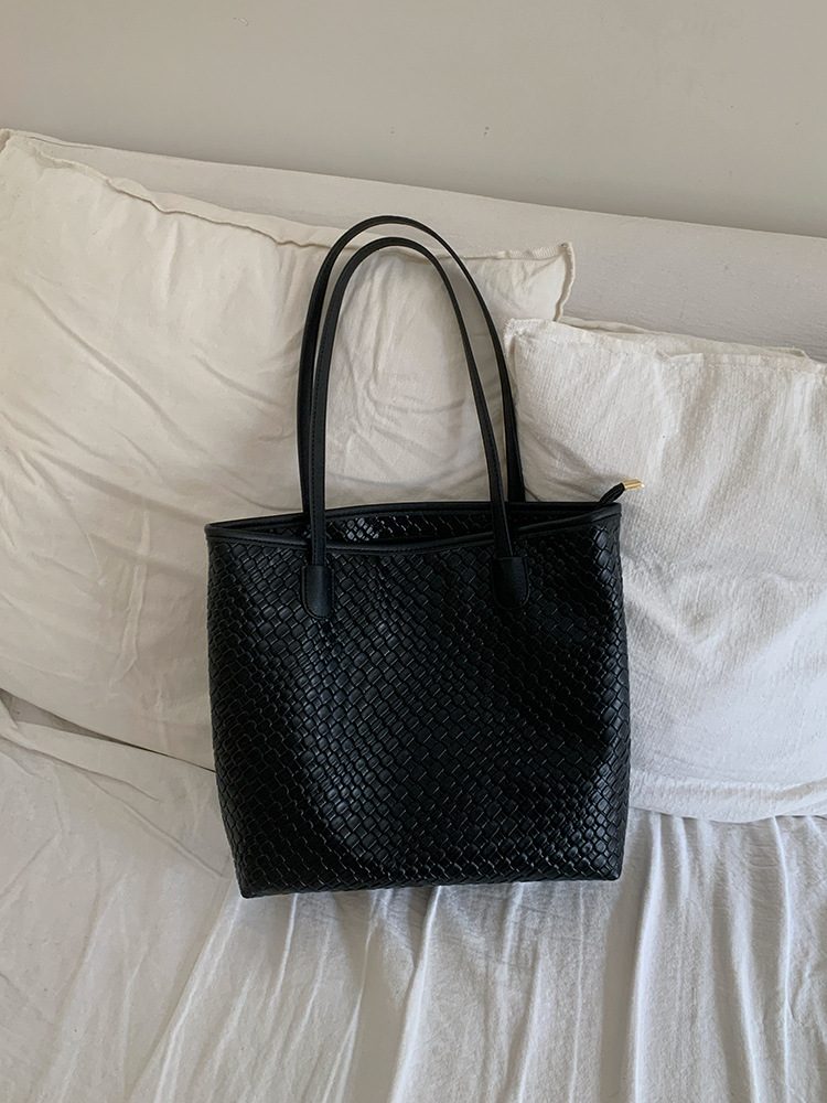 Women's Black Woven Large Tote Bag view 6